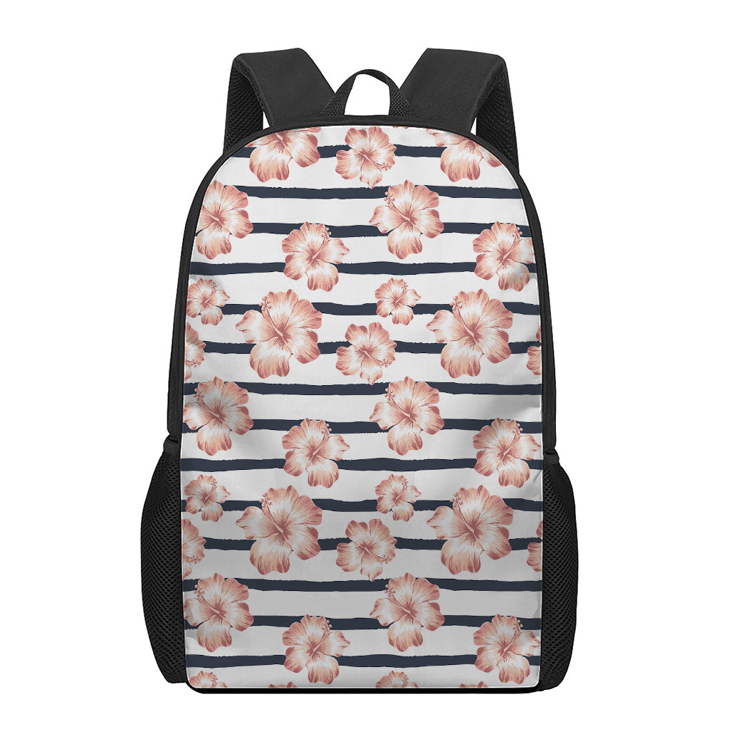 Pink Hibiscus Striped Pattern Print 17 Inch Backpack