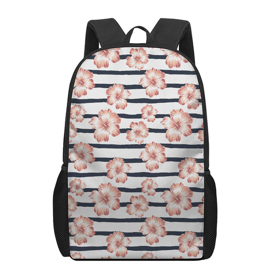 Pink Hibiscus Striped Pattern Print 17 Inch Backpack