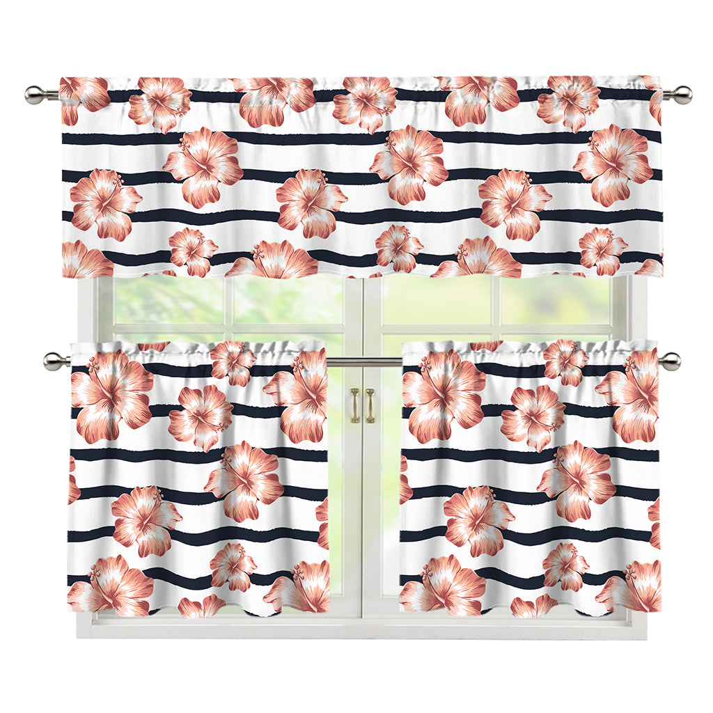 Pink Hibiscus Striped Pattern Print 3 Piece Kitchen Curtains