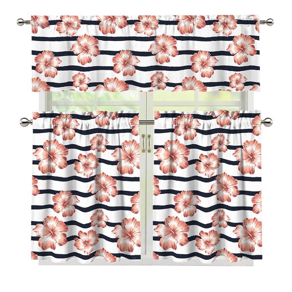 Pink Hibiscus Striped Pattern Print 3 Piece Kitchen Curtains