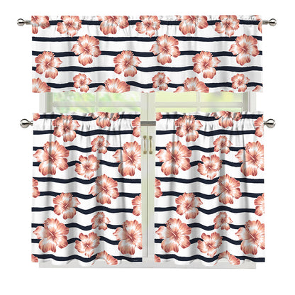 Pink Hibiscus Striped Pattern Print 3 Piece Kitchen Curtains