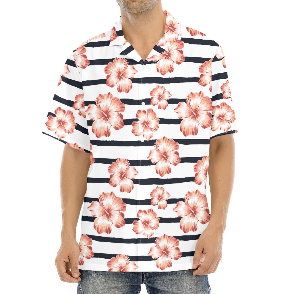 Pink Hibiscus Striped Pattern Print Aloha Shirt