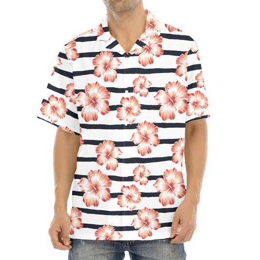 Pink Hibiscus Striped Pattern Print Aloha Shirt