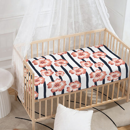 Pink Hibiscus Striped Pattern Print Baby Crib Sheet