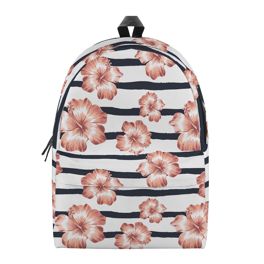Pink Hibiscus Striped Pattern Print Backpack