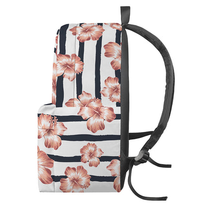 Pink Hibiscus Striped Pattern Print Backpack
