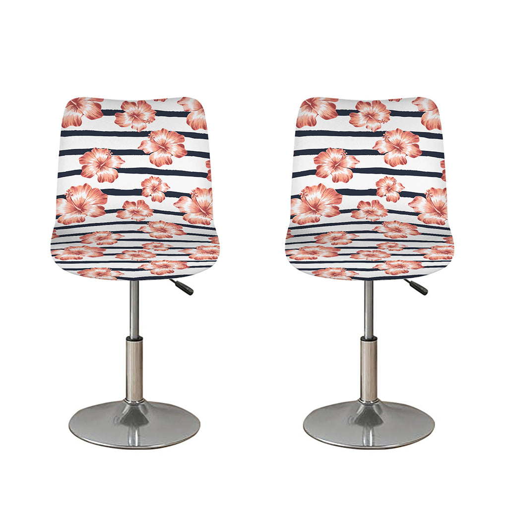 Pink Hibiscus Striped Pattern Print Bar Stool Covers