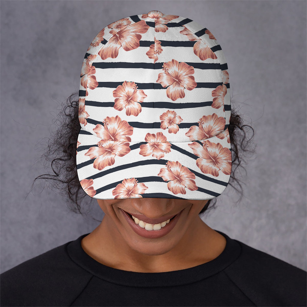Pink Hibiscus Striped Pattern Print Baseball Cap