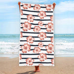 Pink Hibiscus Striped Pattern Print Beach Towel