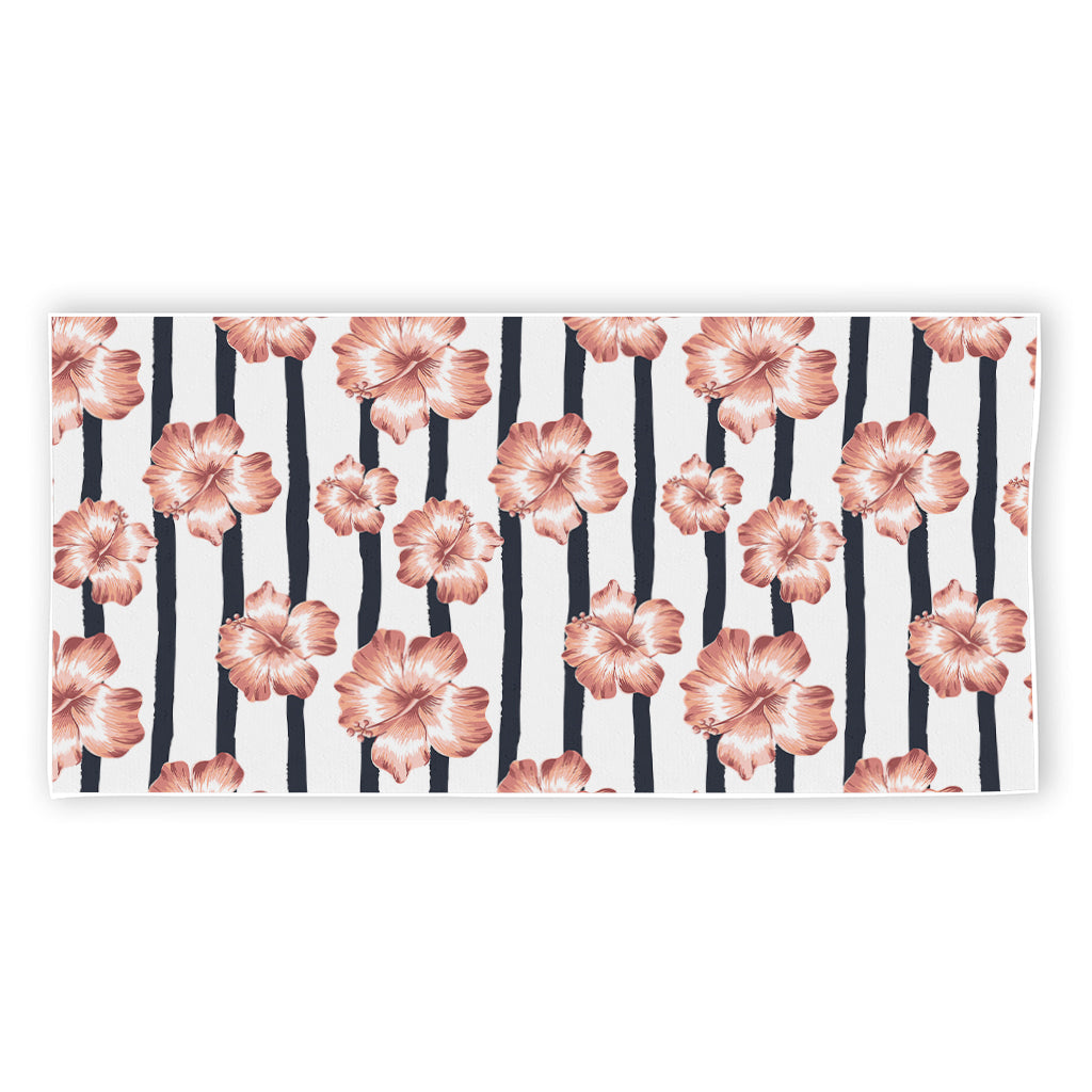 Pink Hibiscus Striped Pattern Print Beach Towel