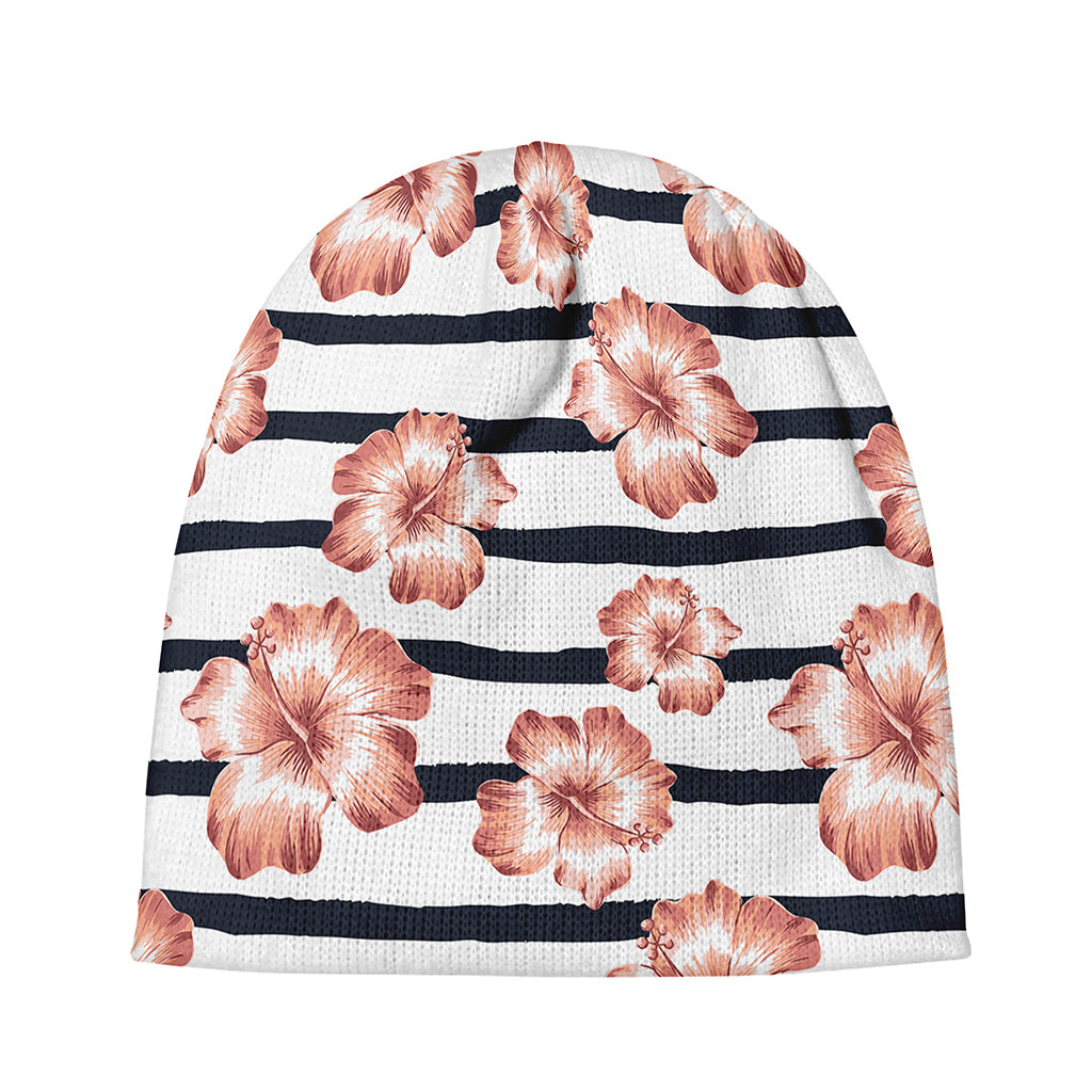 Pink Hibiscus Striped Pattern Print Beanie