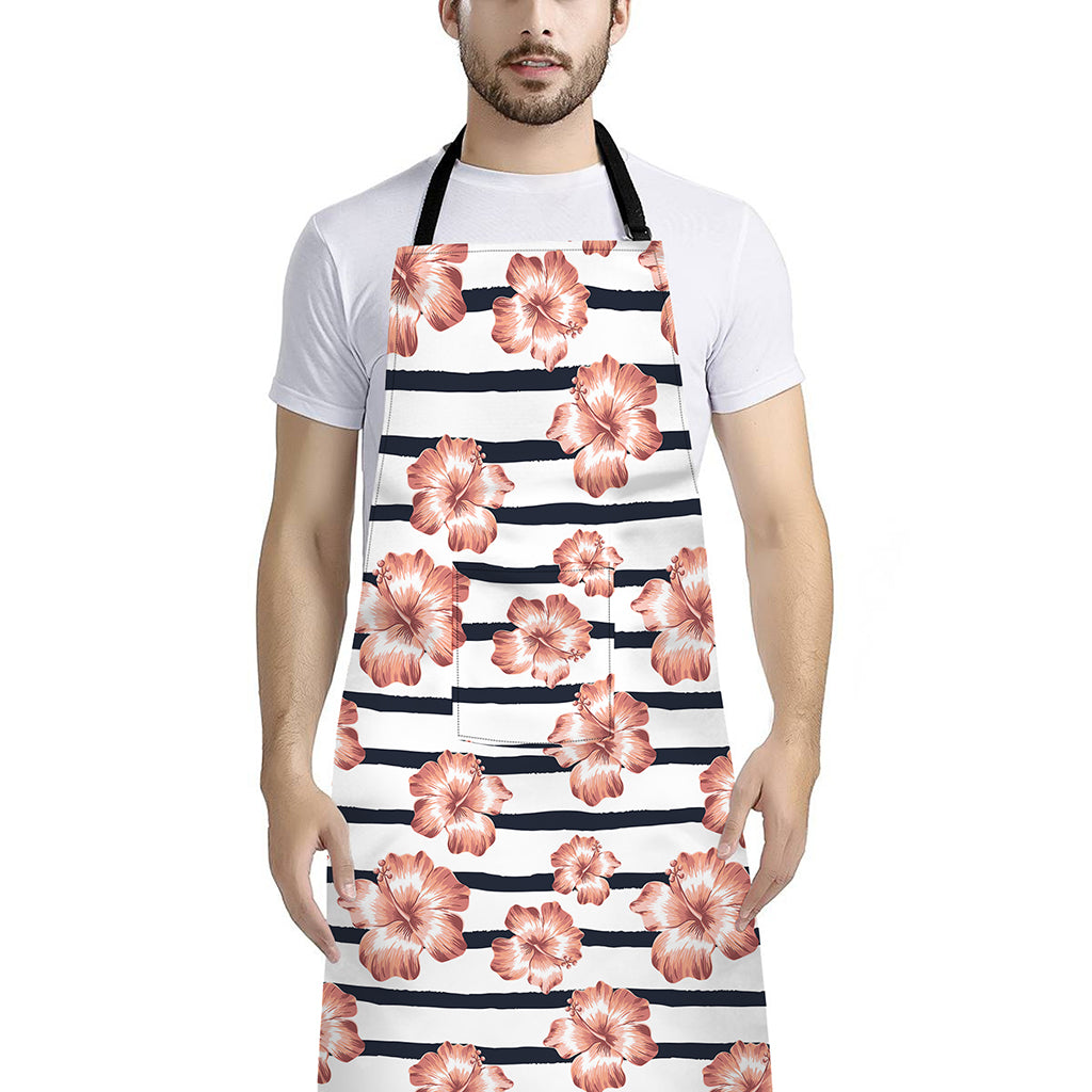 Pink Hibiscus Striped Pattern Print Bib Apron With Pocket