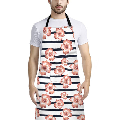 Pink Hibiscus Striped Pattern Print Bib Apron With Pocket