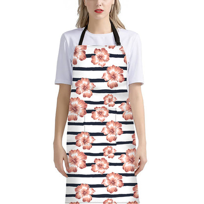Pink Hibiscus Striped Pattern Print Bib Apron With Pocket