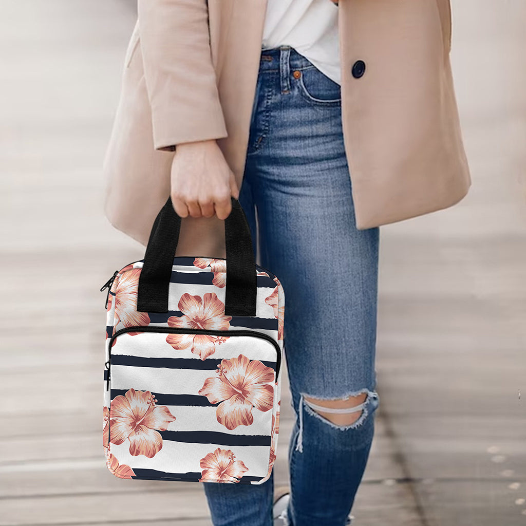 Pink Hibiscus Striped Pattern Print Bible Tote Bag