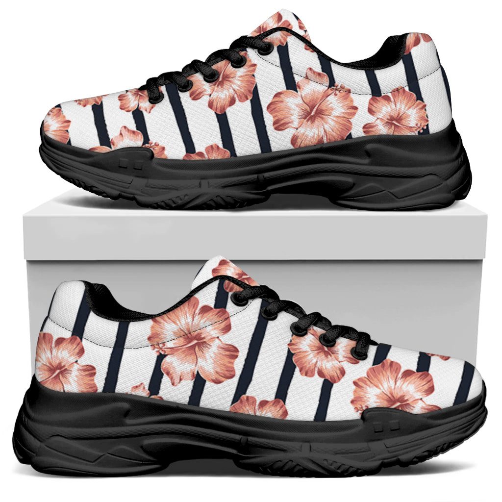 Pink Hibiscus Striped Pattern Print Black Chunky Shoes