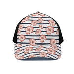Pink Hibiscus Striped Pattern Print Black Mesh Trucker Cap