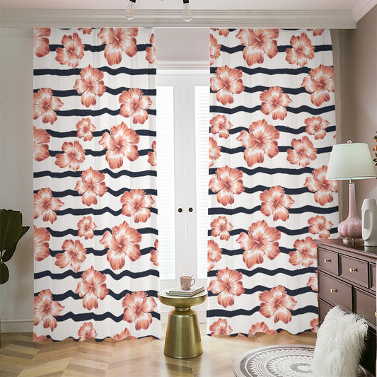 Pink Hibiscus Striped Pattern Print Blackout Pencil Pleat Curtains