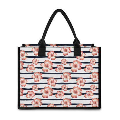 Pink Hibiscus Striped Pattern Print Canvas Tote Bag