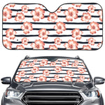 Pink Hibiscus Striped Pattern Print Car Windshield Sun Shade