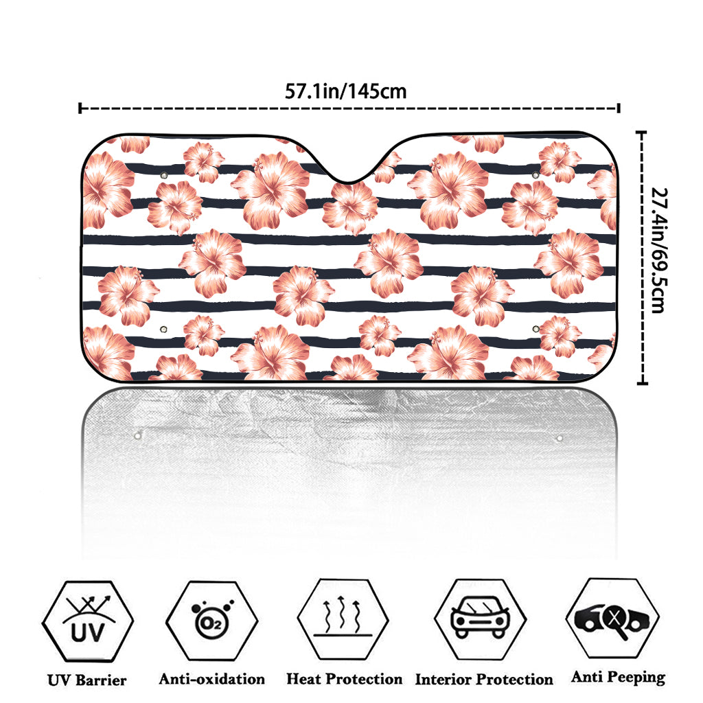 Pink Hibiscus Striped Pattern Print Car Windshield Sun Shade