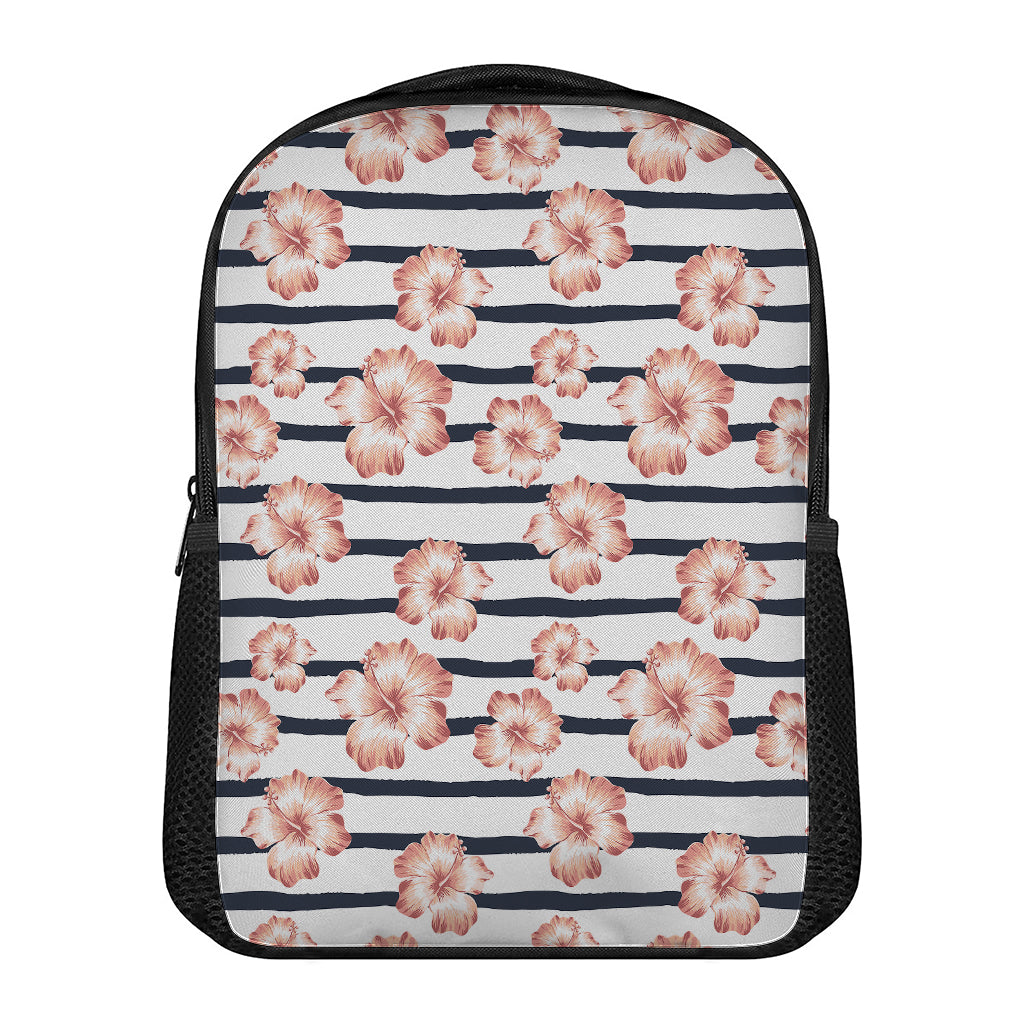 Pink Hibiscus Striped Pattern Print Casual Backpack