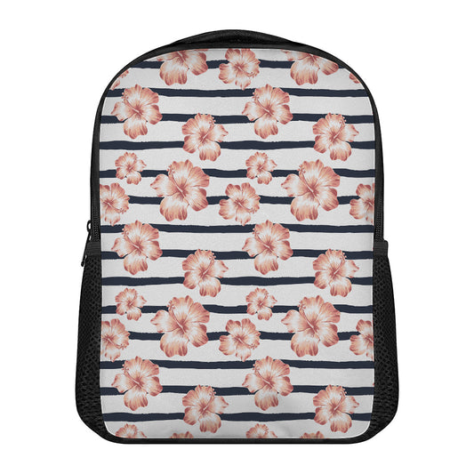 Pink Hibiscus Striped Pattern Print Casual Backpack