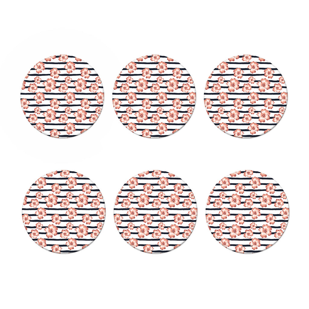 Pink Hibiscus Striped Pattern Print Coaster Set