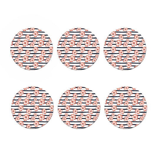 Pink Hibiscus Striped Pattern Print Coaster Set