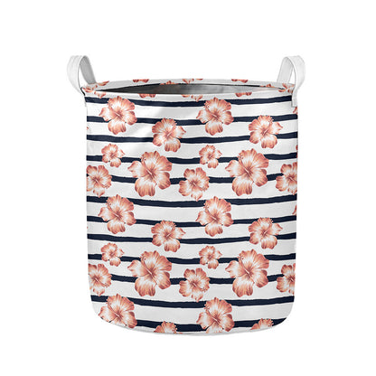 Pink Hibiscus Striped Pattern Print Collapsible Laundry Basket