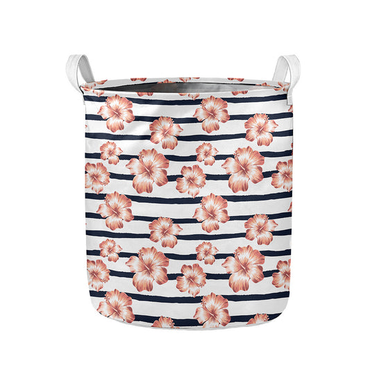 Pink Hibiscus Striped Pattern Print Collapsible Laundry Basket