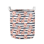 Pink Hibiscus Striped Pattern Print Collapsible Laundry Basket
