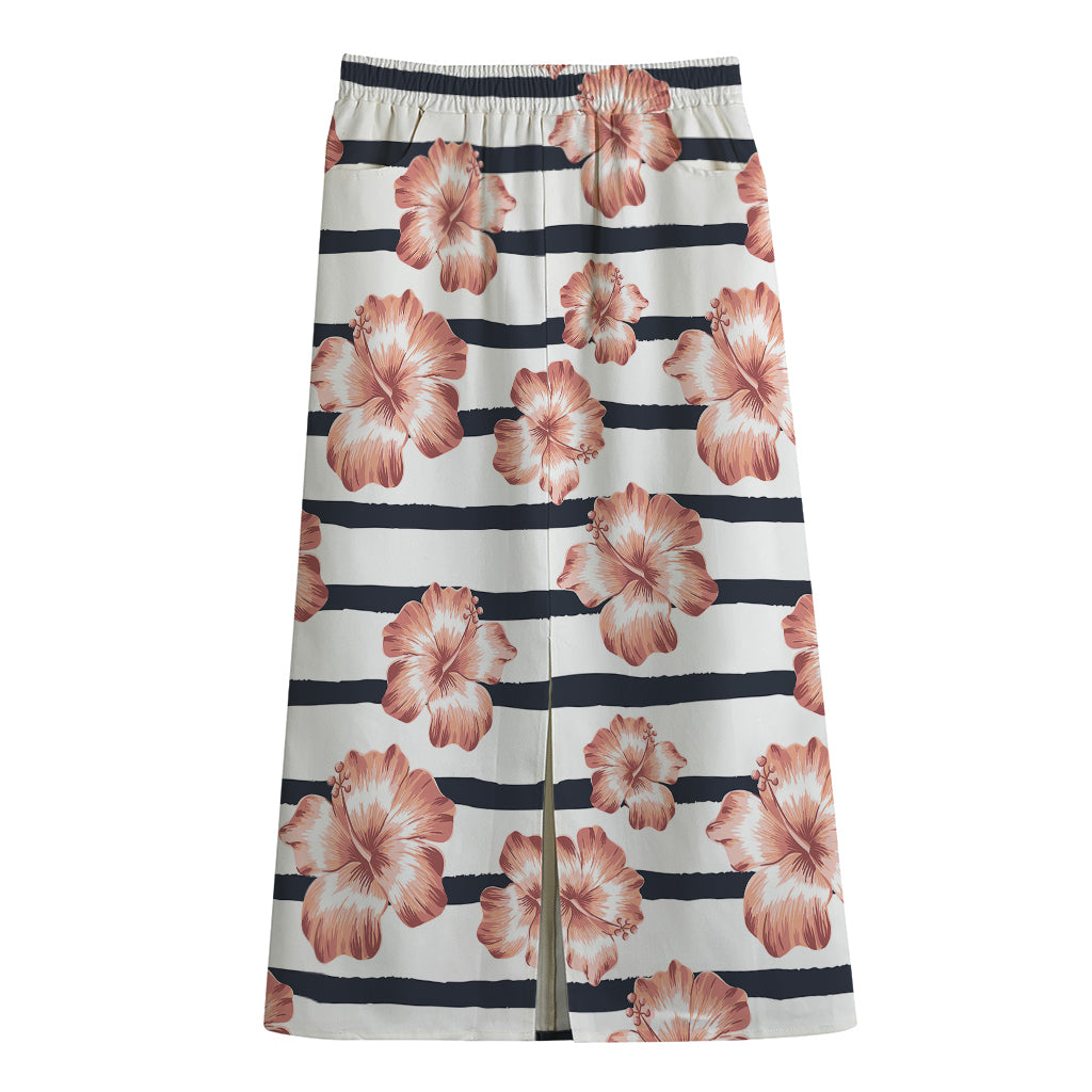 Pink Hibiscus Striped Pattern Print Cotton Front Slit Maxi Skirt