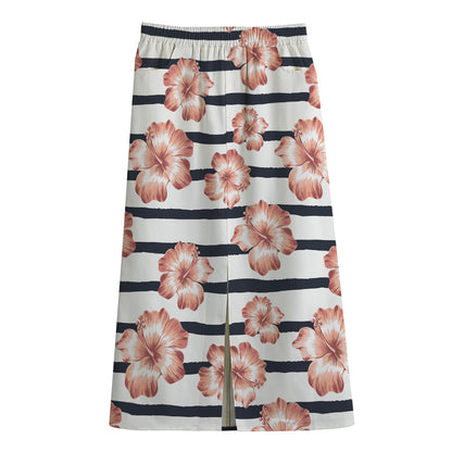 Pink Hibiscus Striped Pattern Print Cotton Front Slit Maxi Skirt