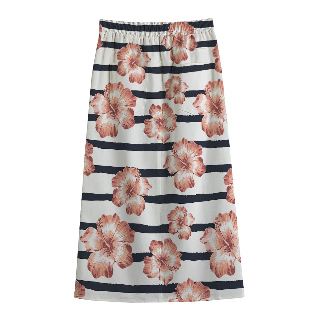 Pink Hibiscus Striped Pattern Print Cotton Front Slit Maxi Skirt