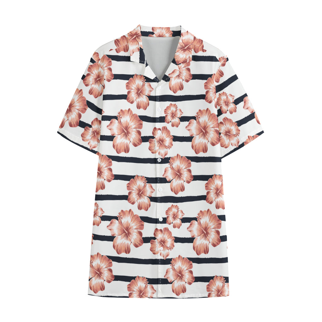Pink Hibiscus Striped Pattern Print Cotton Hawaiian Shirt