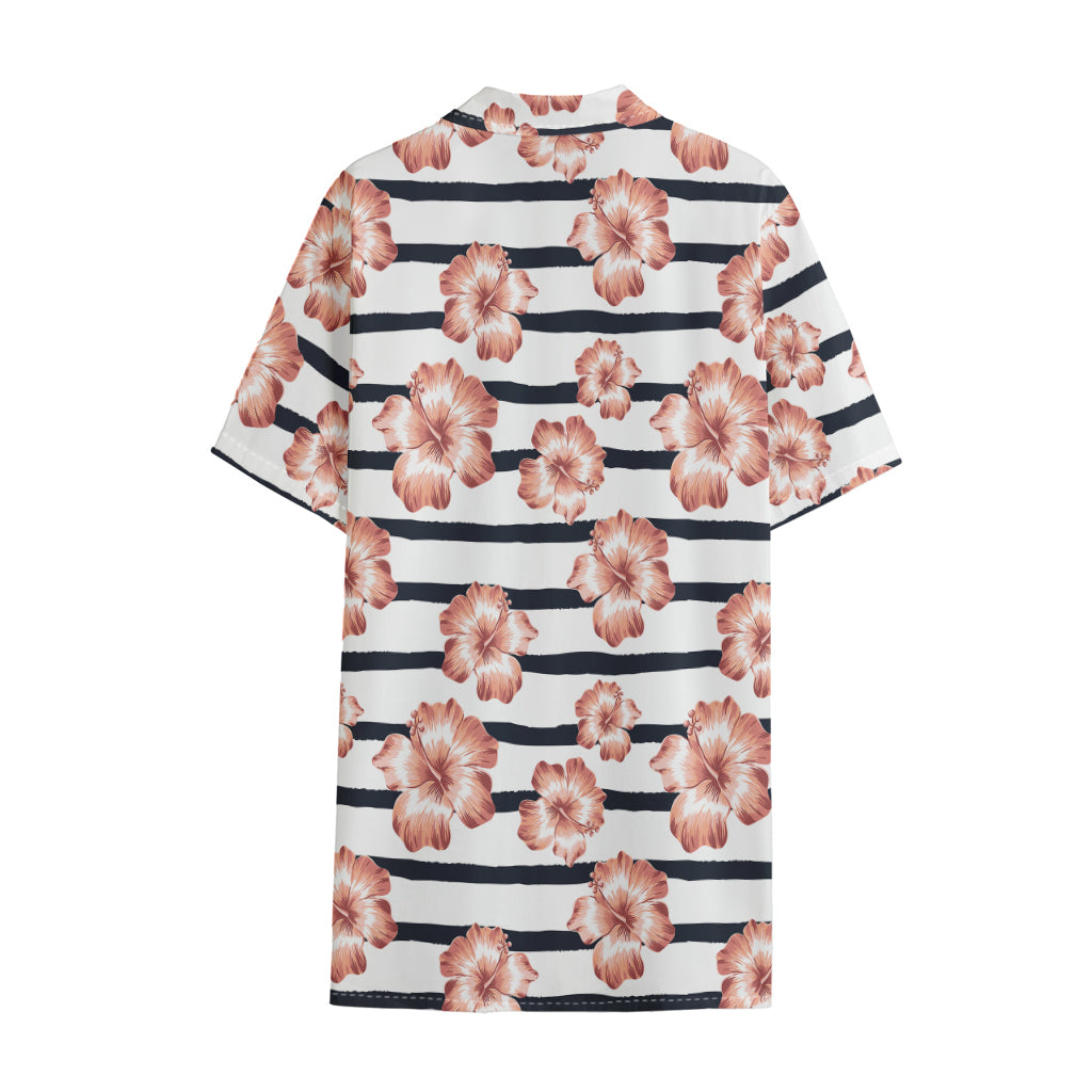 Pink Hibiscus Striped Pattern Print Cotton Hawaiian Shirt