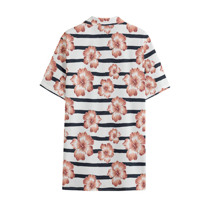 Pink Hibiscus Striped Pattern Print Cotton Hawaiian Shirt