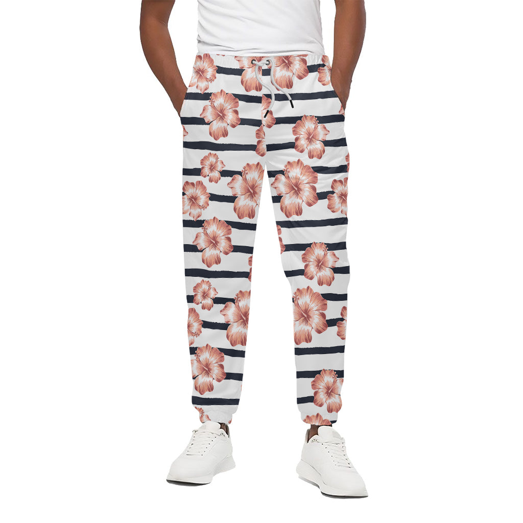 Pink Hibiscus Striped Pattern Print Cotton Pants