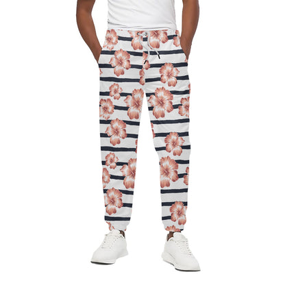 Pink Hibiscus Striped Pattern Print Cotton Pants
