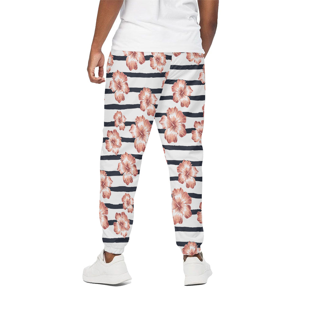 Pink Hibiscus Striped Pattern Print Cotton Pants