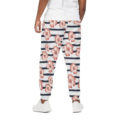 Pink Hibiscus Striped Pattern Print Cotton Pants
