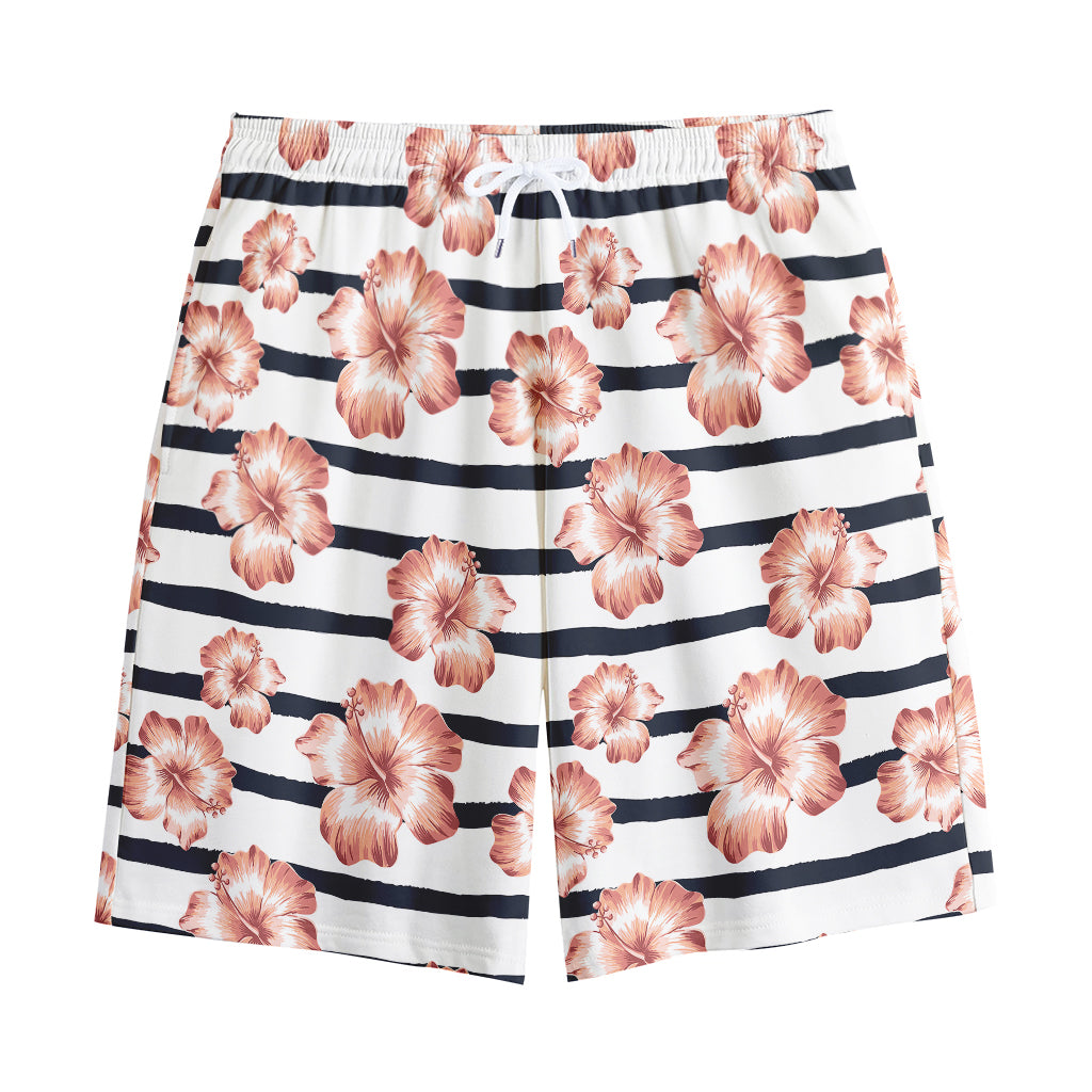 Pink Hibiscus Striped Pattern Print Cotton Shorts
