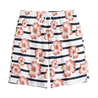 Pink Hibiscus Striped Pattern Print Cotton Shorts
