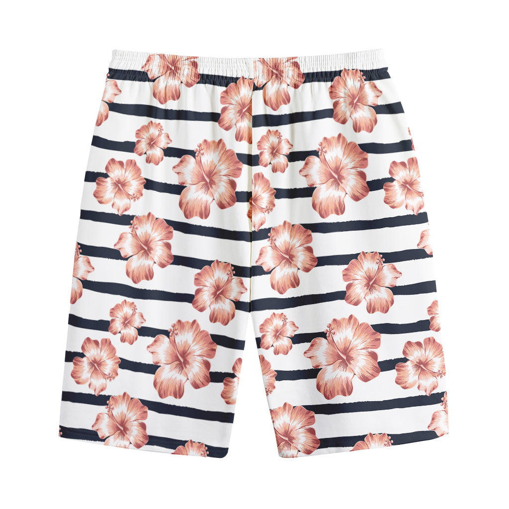 Pink Hibiscus Striped Pattern Print Cotton Shorts
