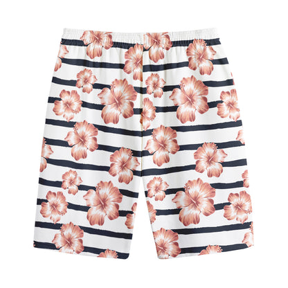 Pink Hibiscus Striped Pattern Print Cotton Shorts