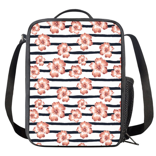 Pink Hibiscus Striped Pattern Print Crossbody Lunch Bag