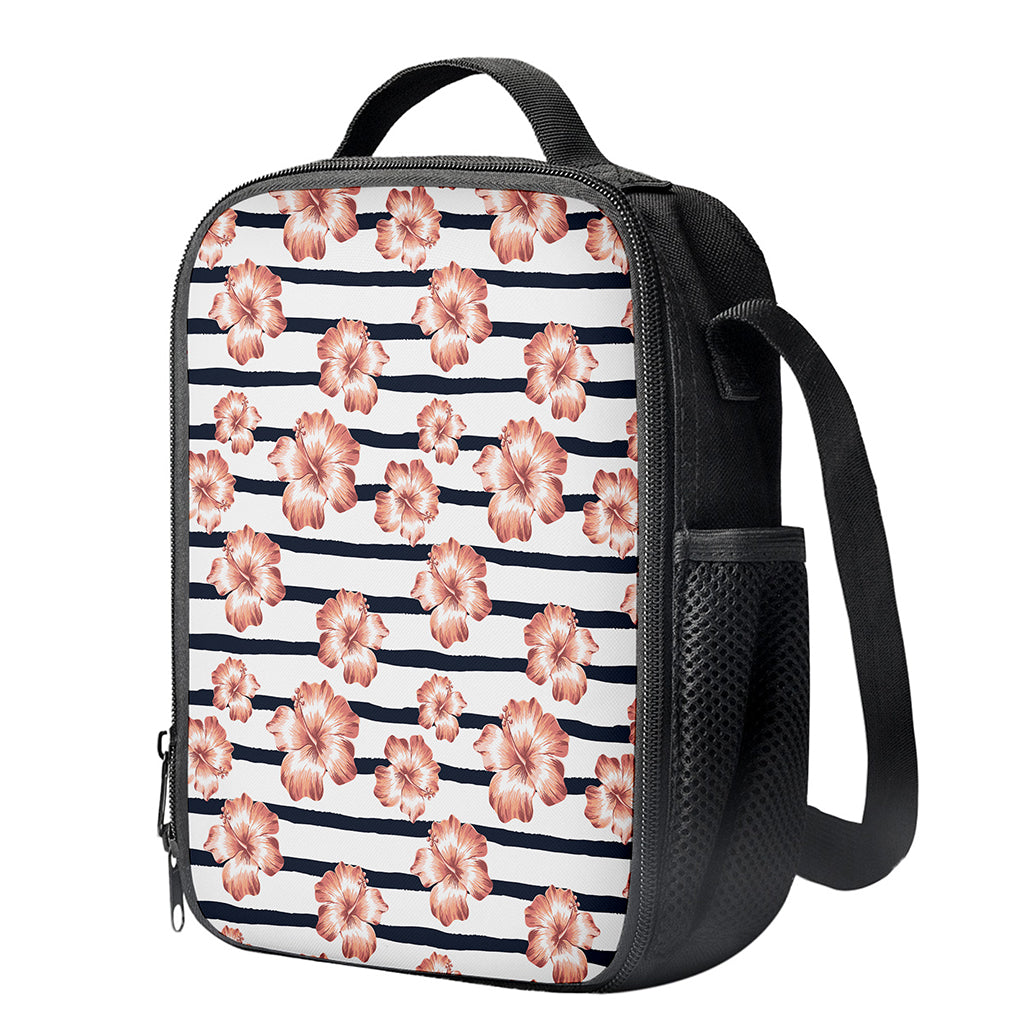 Pink Hibiscus Striped Pattern Print Crossbody Lunch Bag