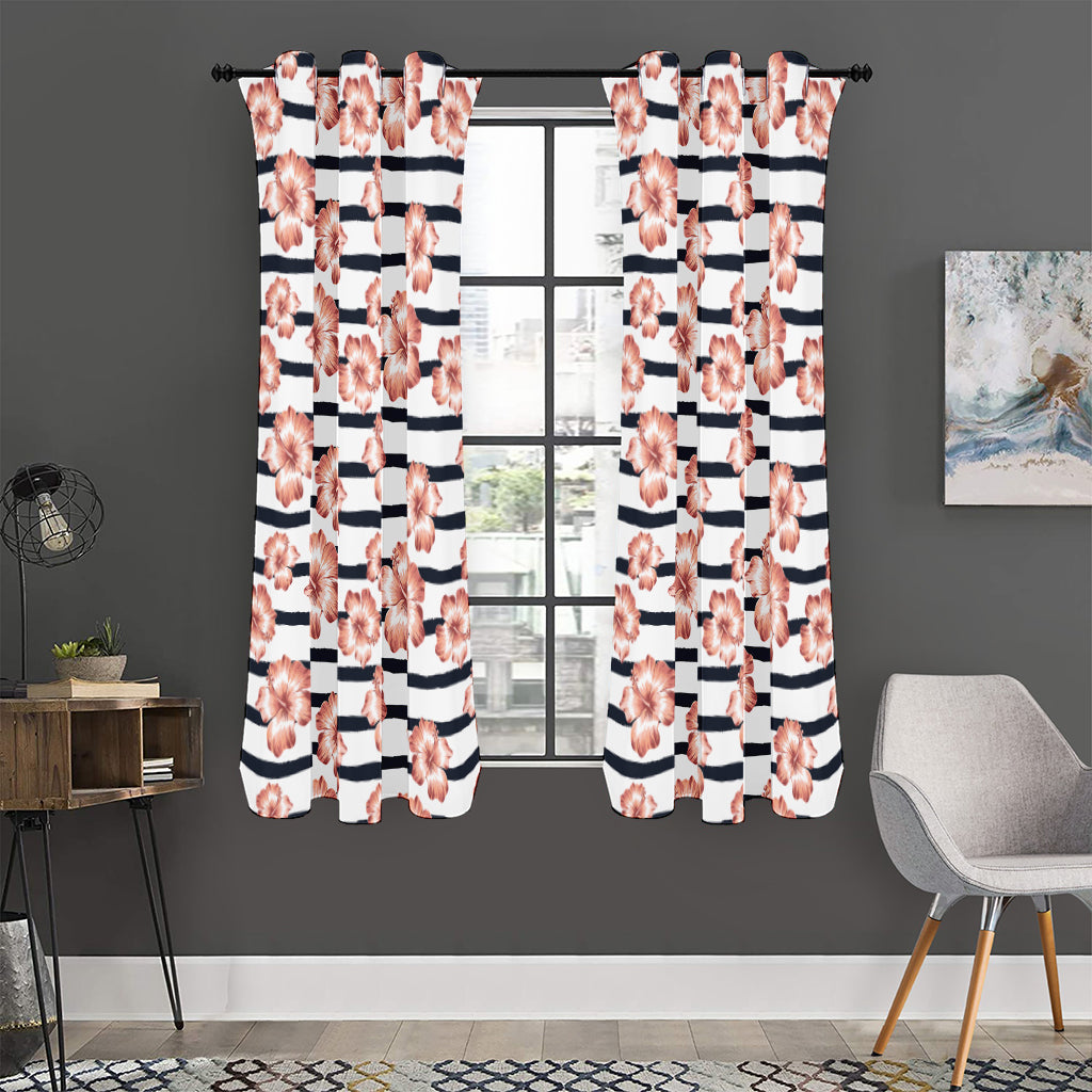Pink Hibiscus Striped Pattern Print Curtain