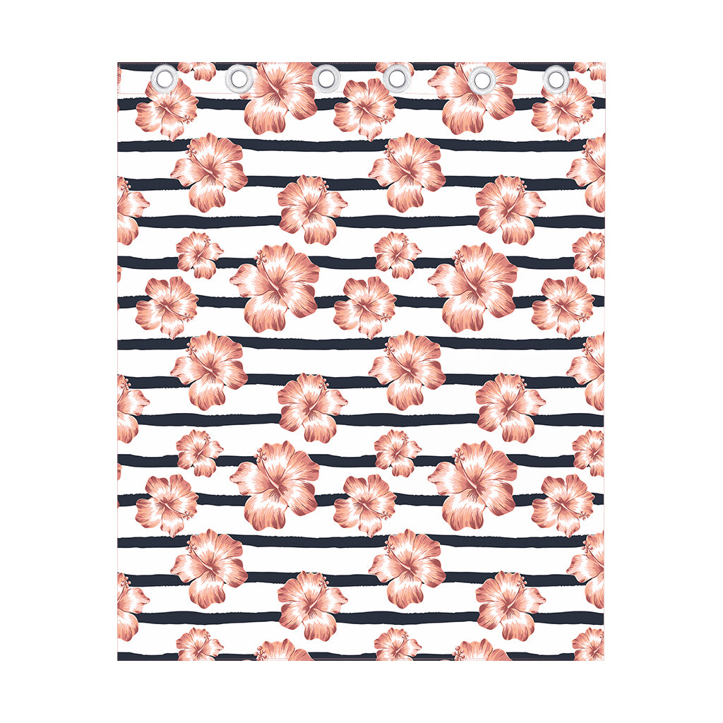 Pink Hibiscus Striped Pattern Print Curtain